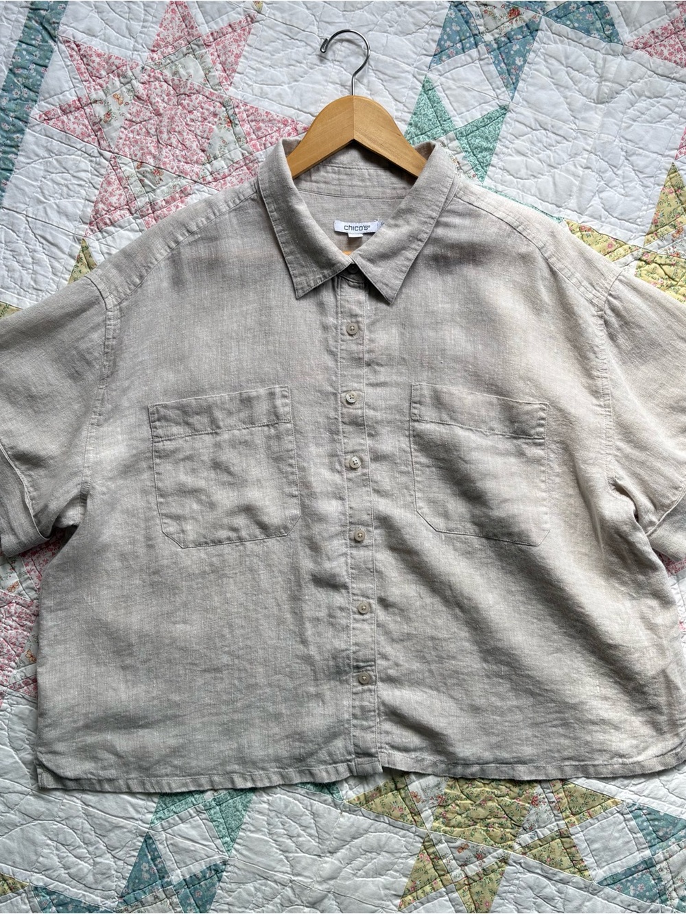 Chicos Beige 100% Linen Button-Down Top Blouse 3.5 18 XL Baggy Boxy Short-Sleeve